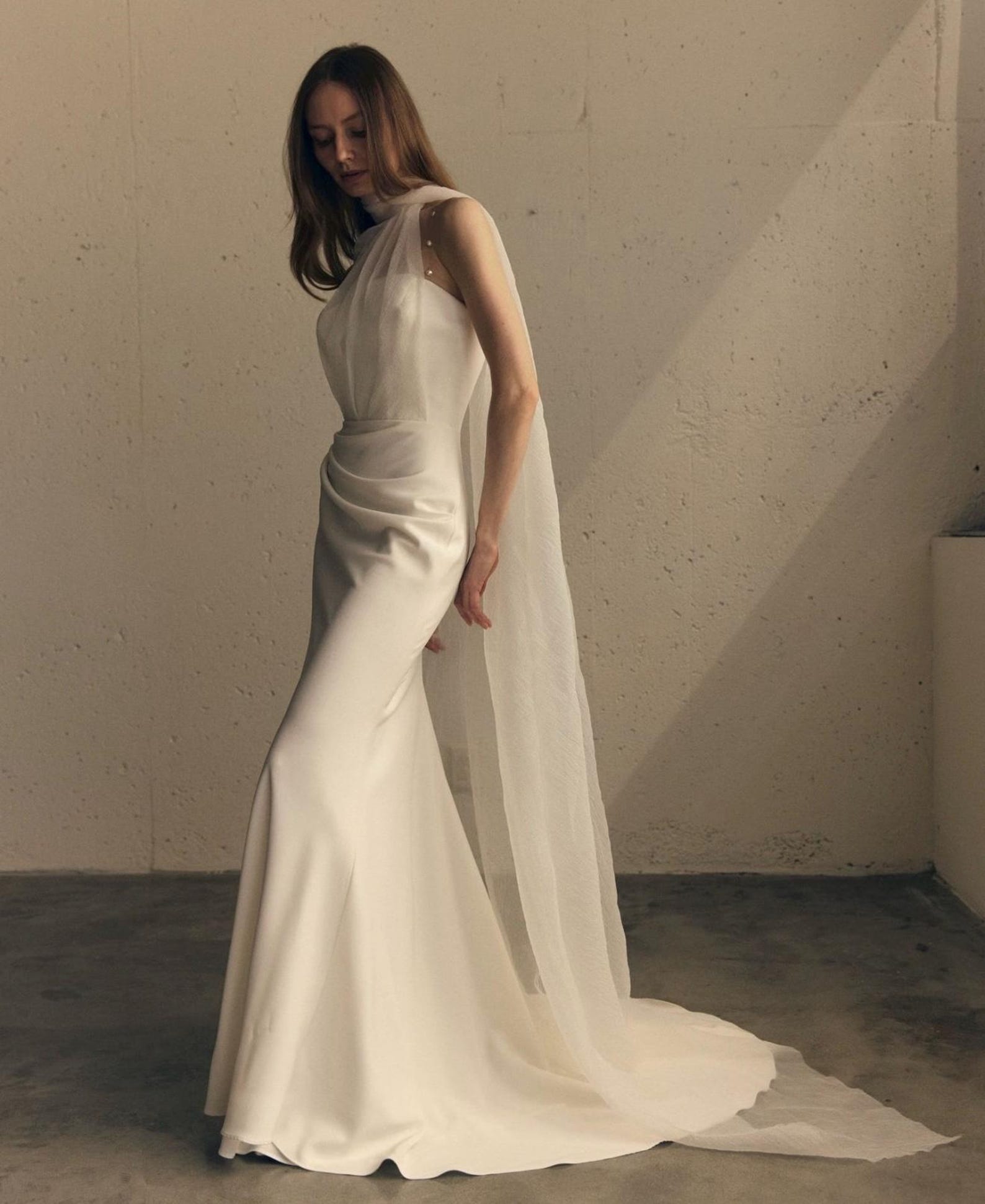 Pearl Strap Draped Satin Mermaid Wedding Dress, Flowing Scarf Neck Minimalist Bridal Gown