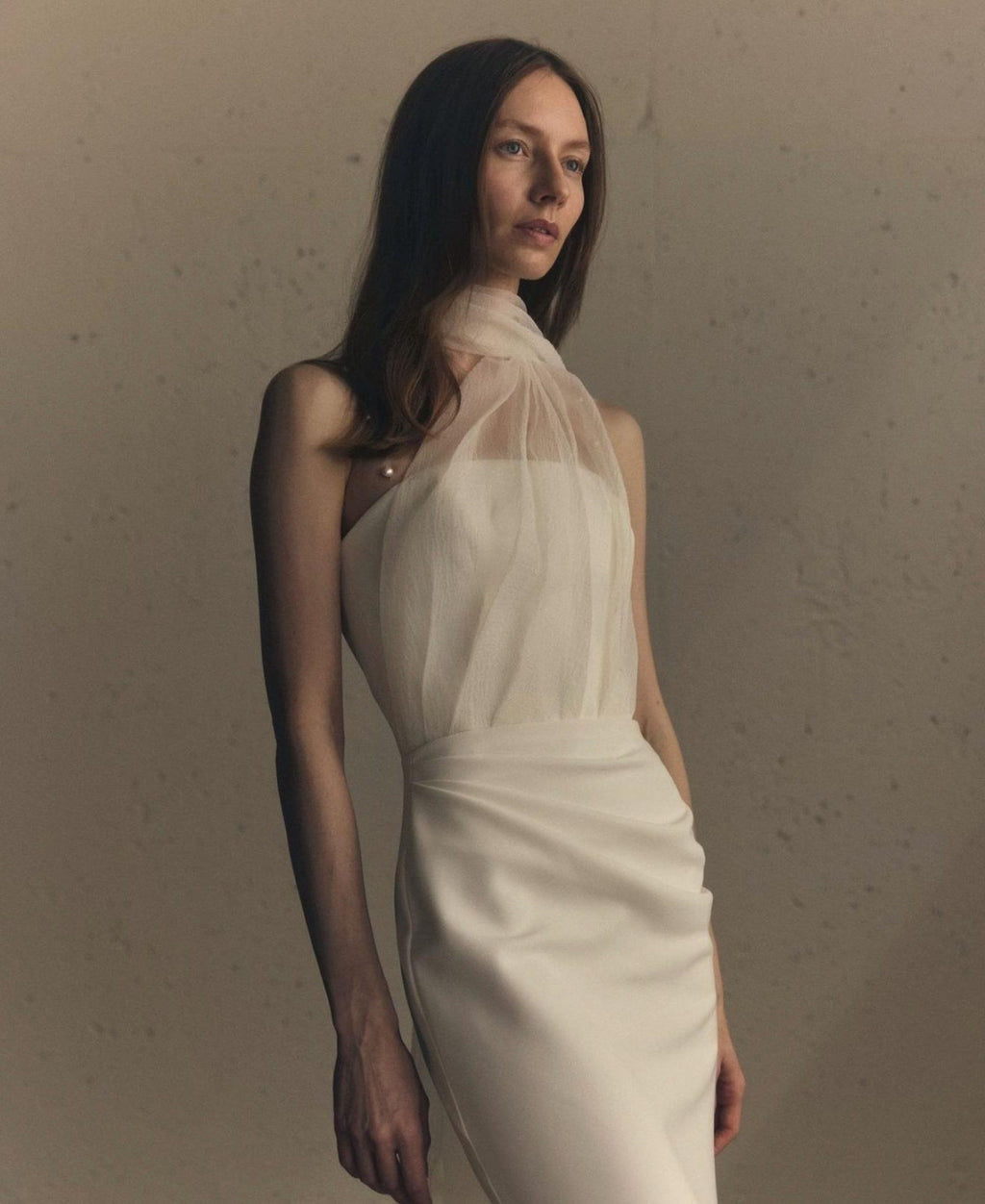Pearl Strap Draped Satin Mermaid Wedding Dress, Flowing Scarf Neck Minimalist Bridal Gown