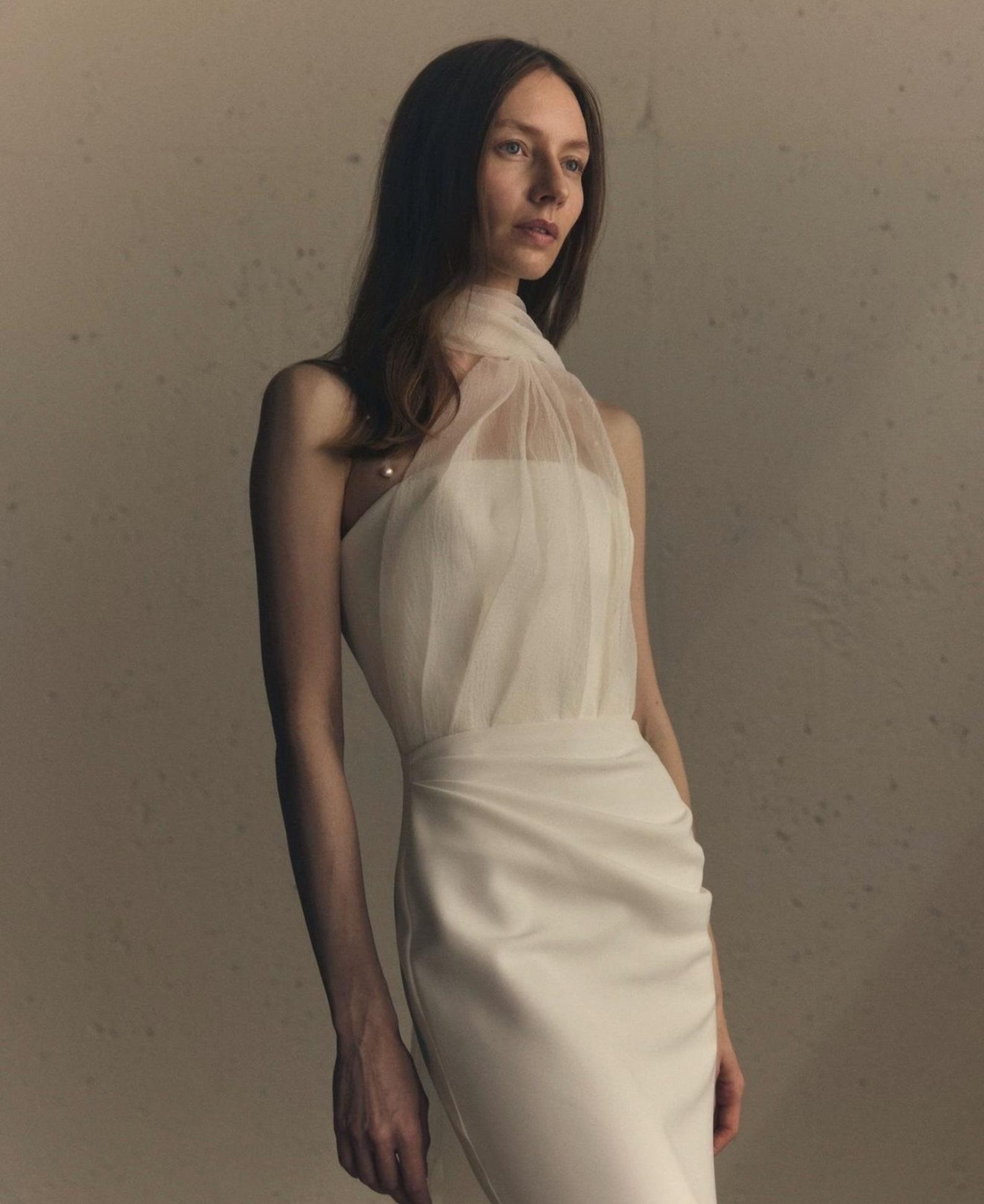 Pearl Strap Draped Satin Mermaid Wedding Dress, Flowing Scarf Neck Minimalist Bridal Gown