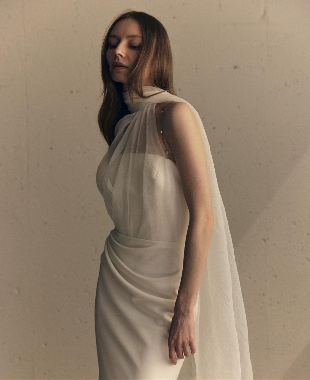 Pearl Strap Draped Satin Mermaid Wedding Dress, Flowing Scarf Neck Minimalist Bridal Gown
