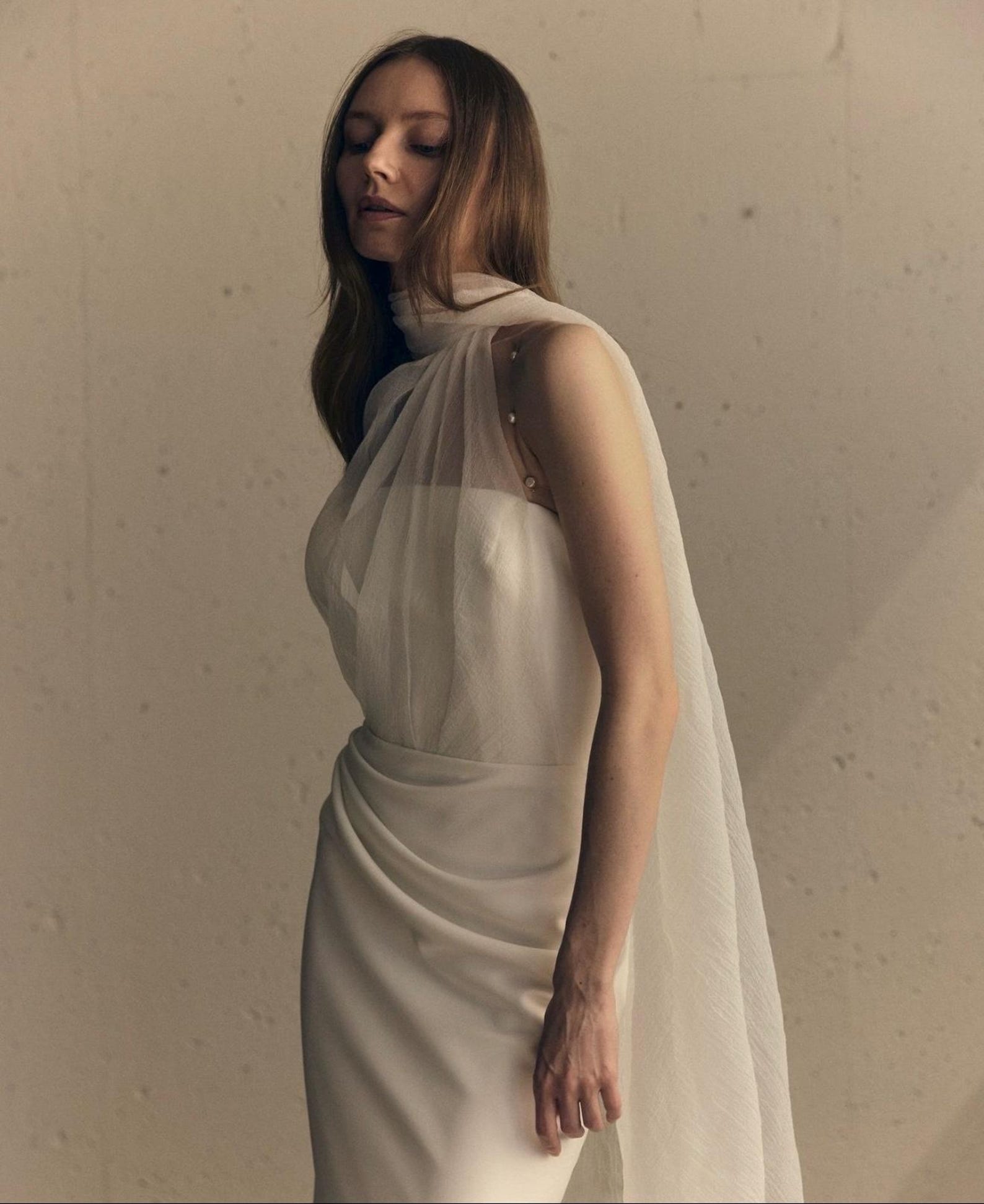 Pearl Strap Draped Satin Mermaid Wedding Dress, Flowing Scarf Neck Minimalist Bridal Gown