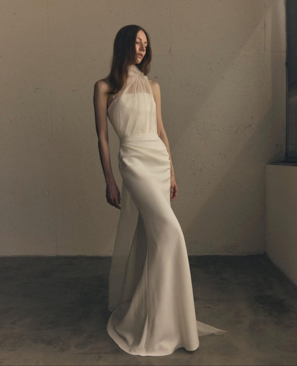 Pearl Strap Draped Satin Mermaid Wedding Dress, Flowing Scarf Neck Minimalist Bridal Gown
