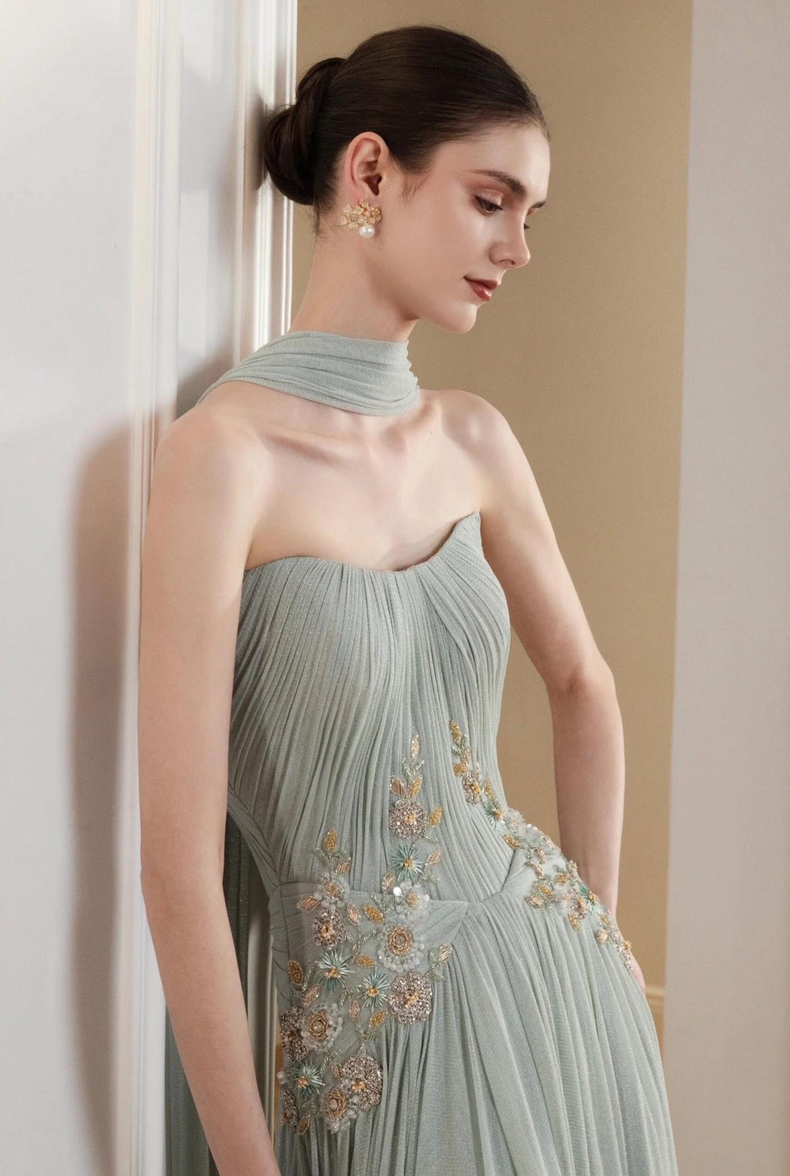 Mint Green Pleated Tulle Evening Gown, Floral Beaded Formal Dress With Choker Neck Scarf