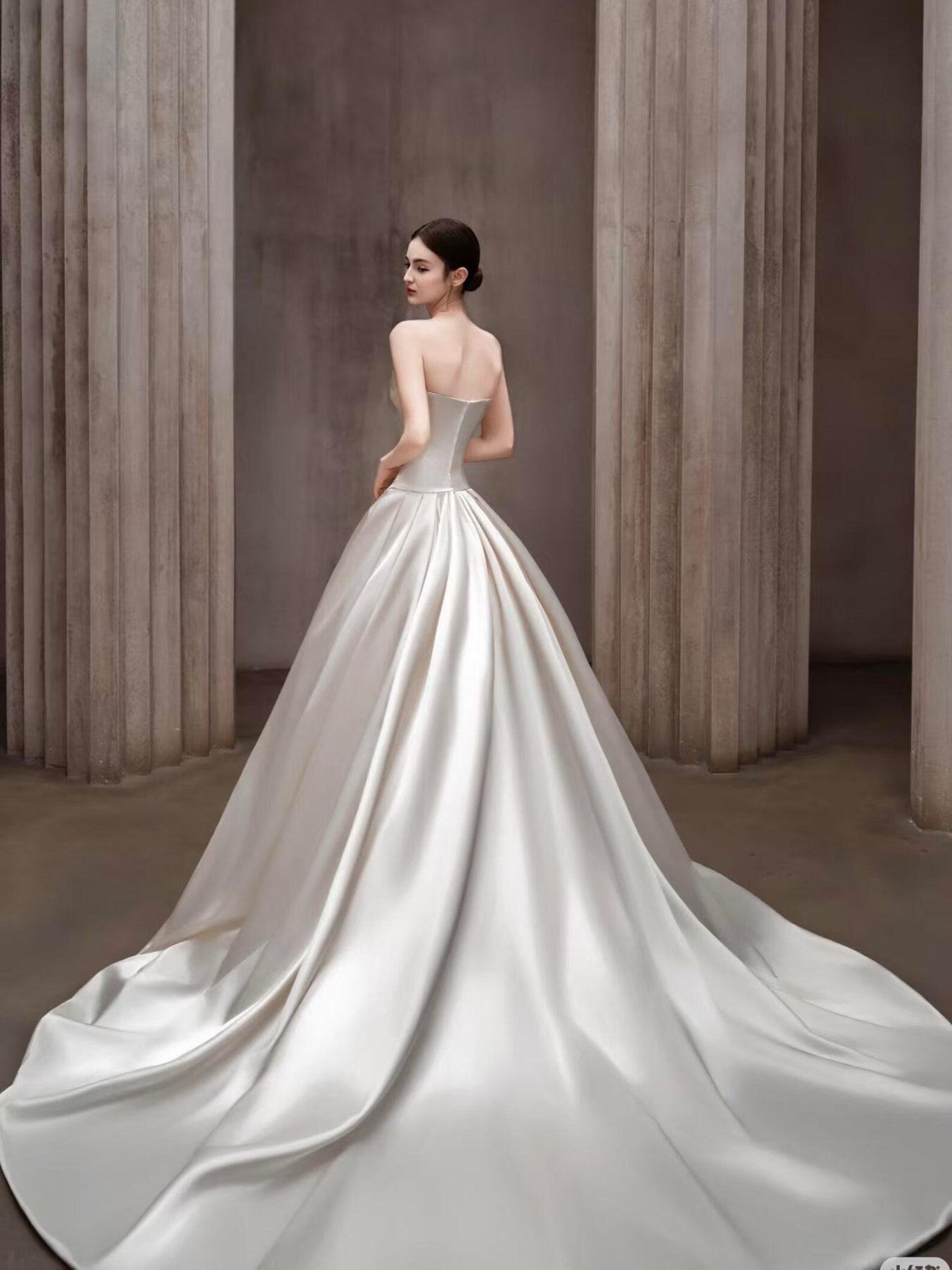 Strapless Draped Satin Ball Gown Wedding Dress, Minimalist Luxury Bridal Gown with Long Train