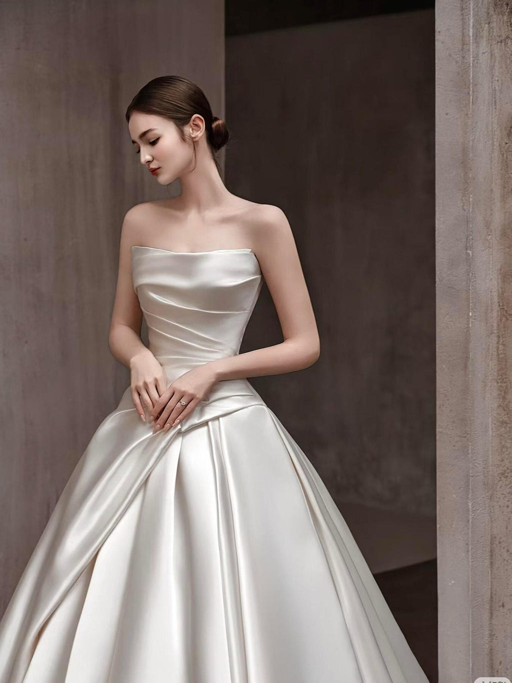 Strapless Draped Satin Ball Gown Wedding Dress, Minimalist Luxury Bridal Gown with Long Train