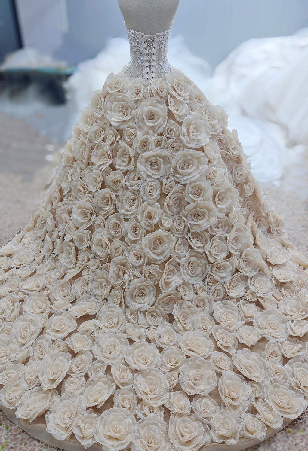 Luxury Handmade 3D Rose Voluminous Skirt Wedding Gown