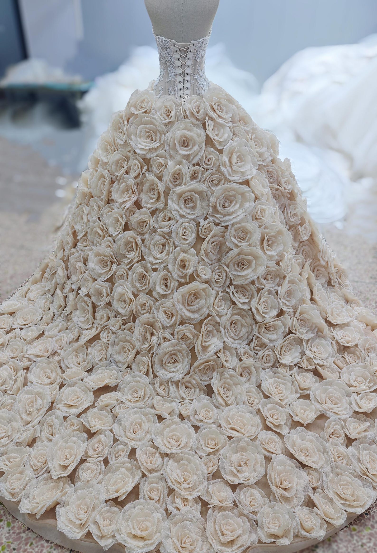 Luxury Handmade 3D Rose Voluminous Skirt Wedding Gown