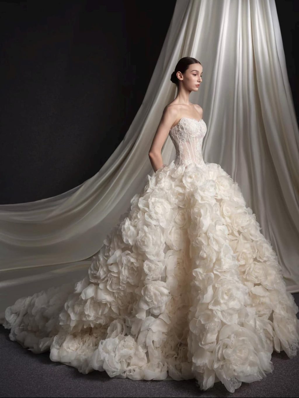 Luxury Handmade 3D Rose Voluminous Skirt Wedding Gown