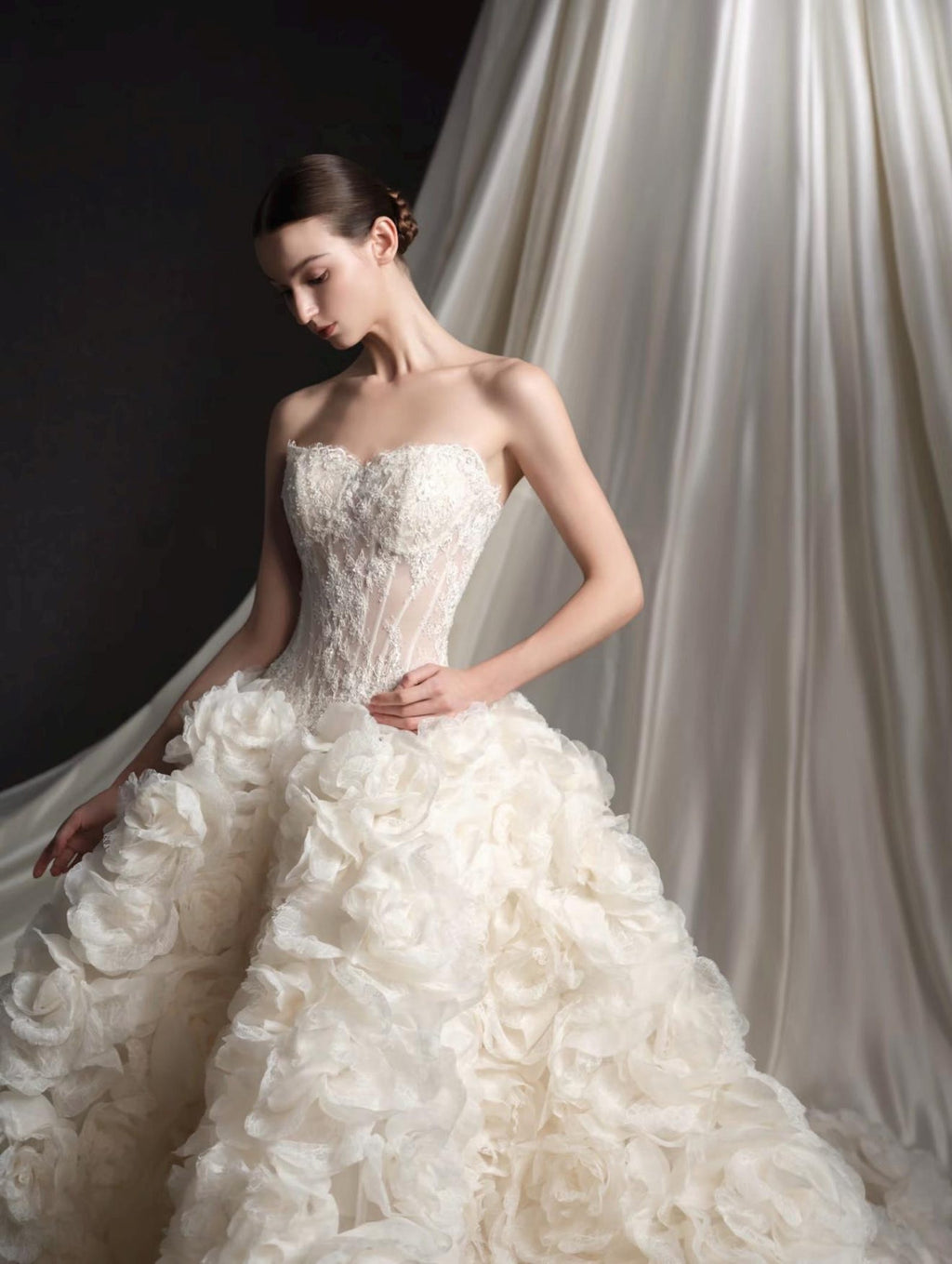 Luxury Handmade 3D Rose Voluminous Skirt Wedding Gown