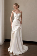 Modern Fold Neck Satin Bridal Gown, Twisted Draped Bodice Waist Cutout Slim Wedding Dress, Elegant Minimalist Long Train Bride Gown