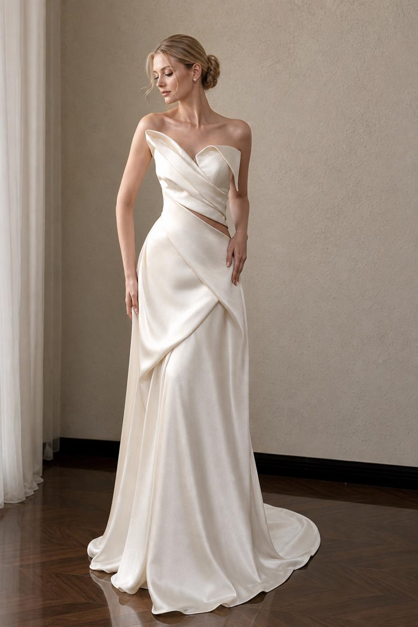 Modern Fold Neck Satin Bridal Gown, Twisted Draped Bodice Waist Cutout Slim Wedding Dress, Elegant Minimalist Long Train Bride Gown