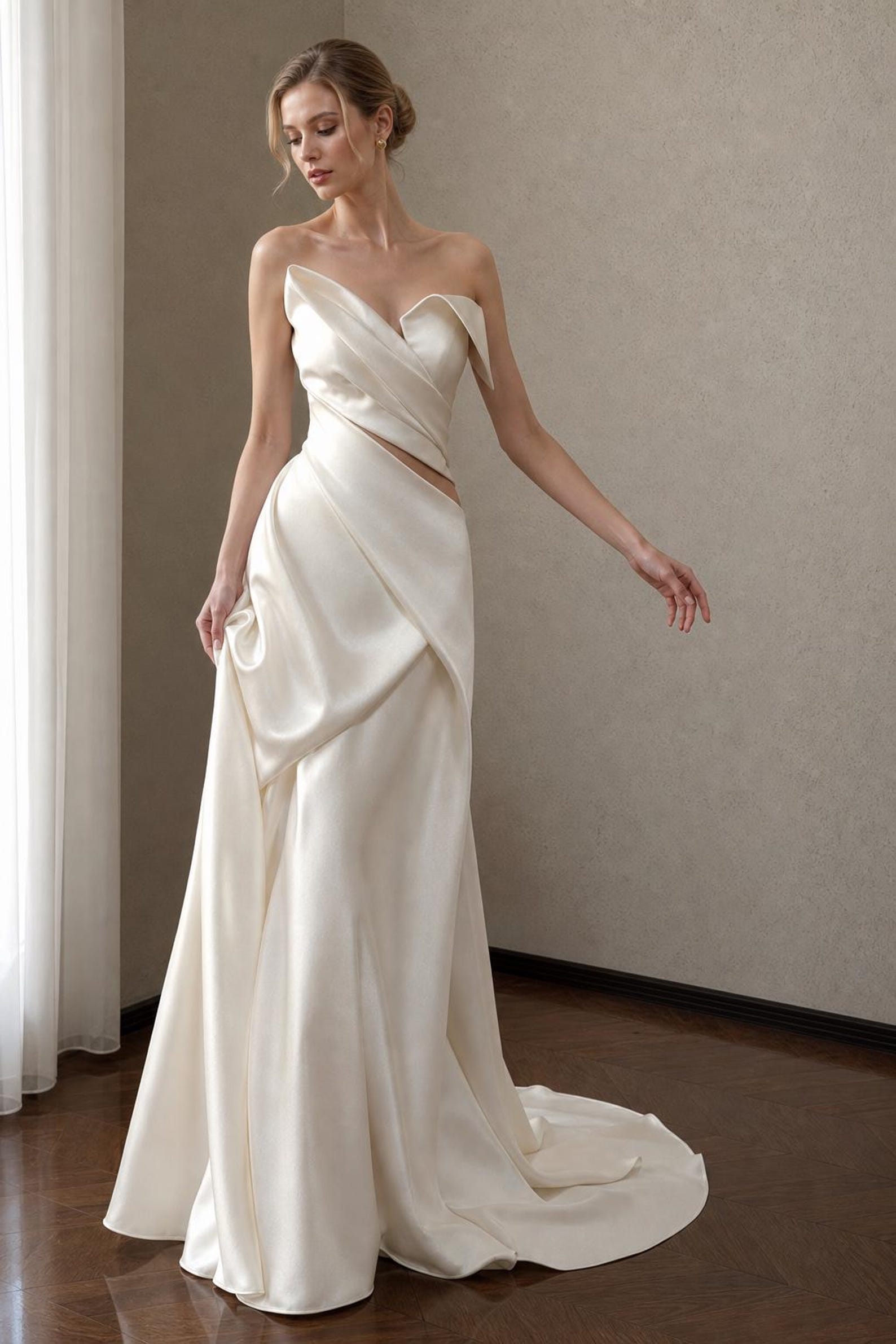 Modern Fold Neck Satin Bridal Gown, Twisted Draped Bodice Waist Cutout Slim Wedding Dress, Elegant Minimalist Long Train Bride Gown