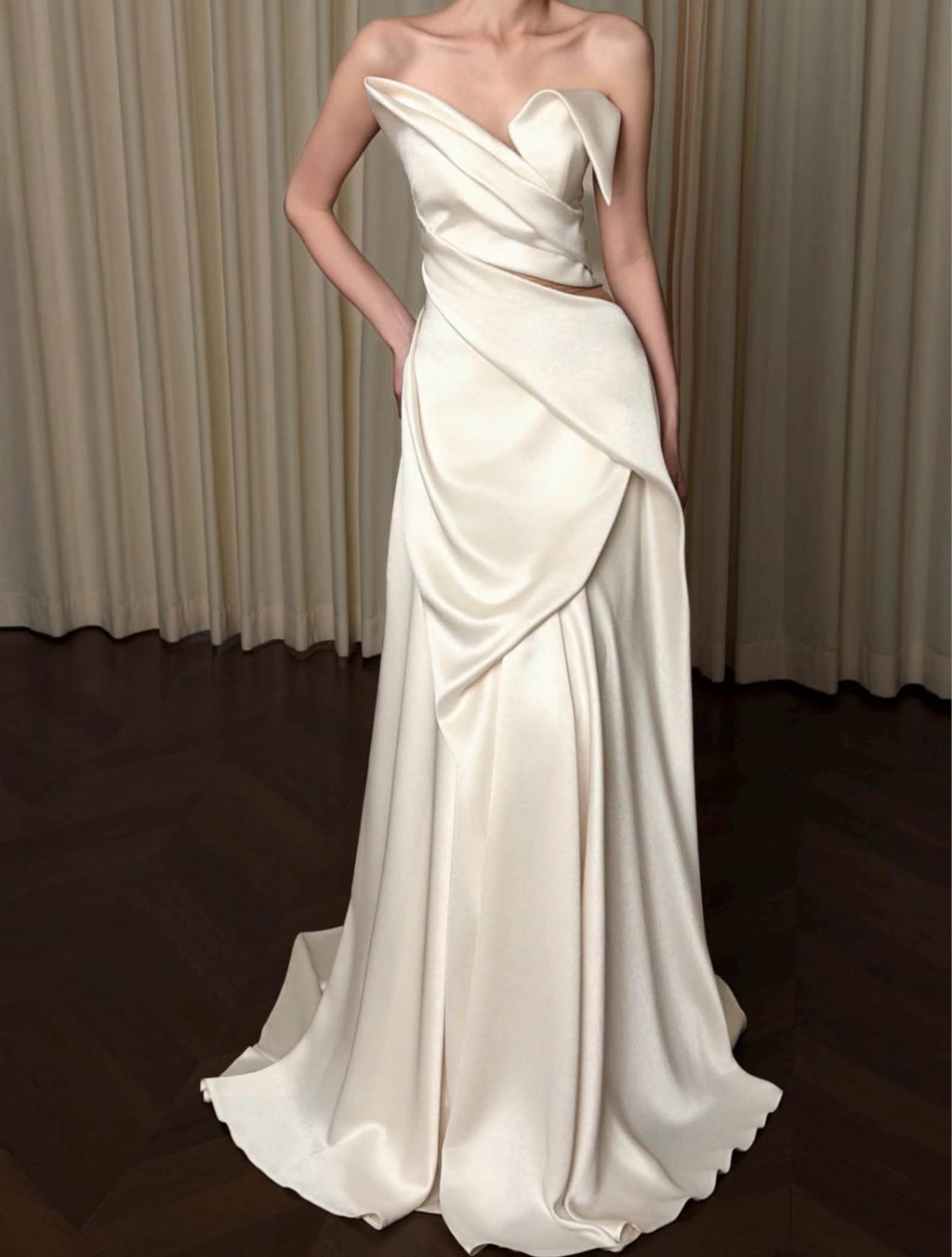 Modern Fold Neck Satin Bridal Gown, Twisted Draped Bodice Waist Cutout Slim Wedding Dress, Elegant Minimalist Long Train Bride Gown