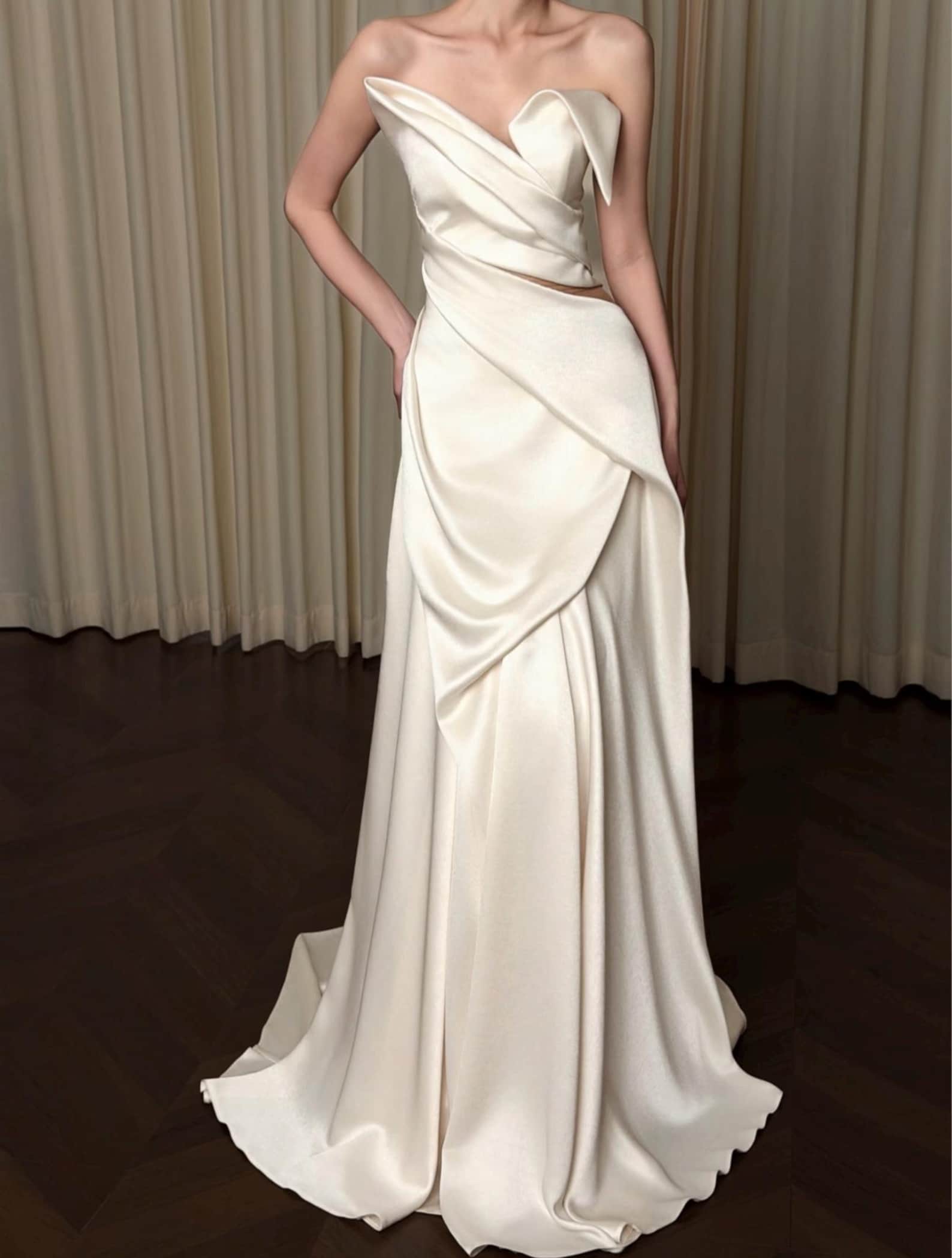 Modern Fold Neck Satin Bridal Gown, Twisted Draped Bodice Waist Cutout Slim Wedding Dress, Elegant Minimalist Long Train Bride Gown