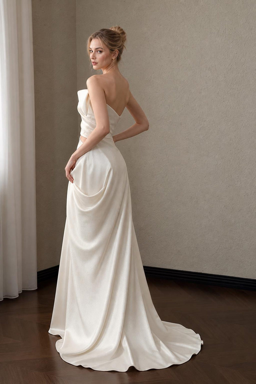 Modern Fold Neck Satin Bridal Gown, Twisted Draped Bodice Waist Cutout Slim Wedding Dress, Elegant Minimalist Long Train Bride Gown