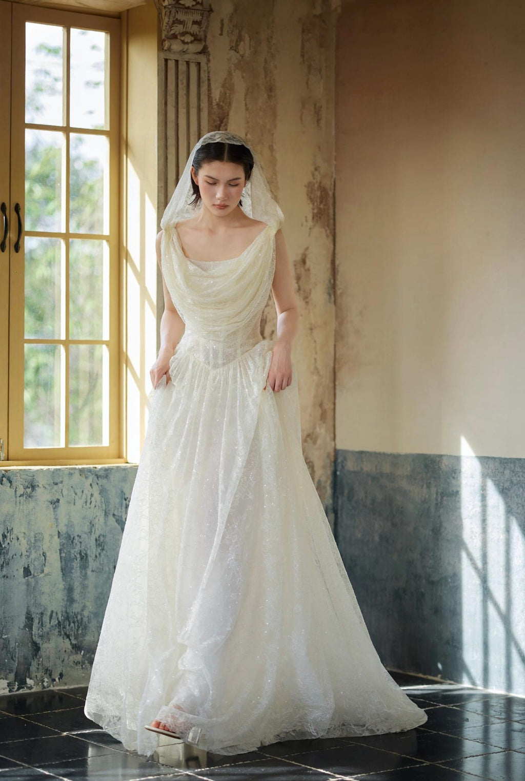 Asymmetrical Draped Sparkle Tulle A-Line Wedding Gown