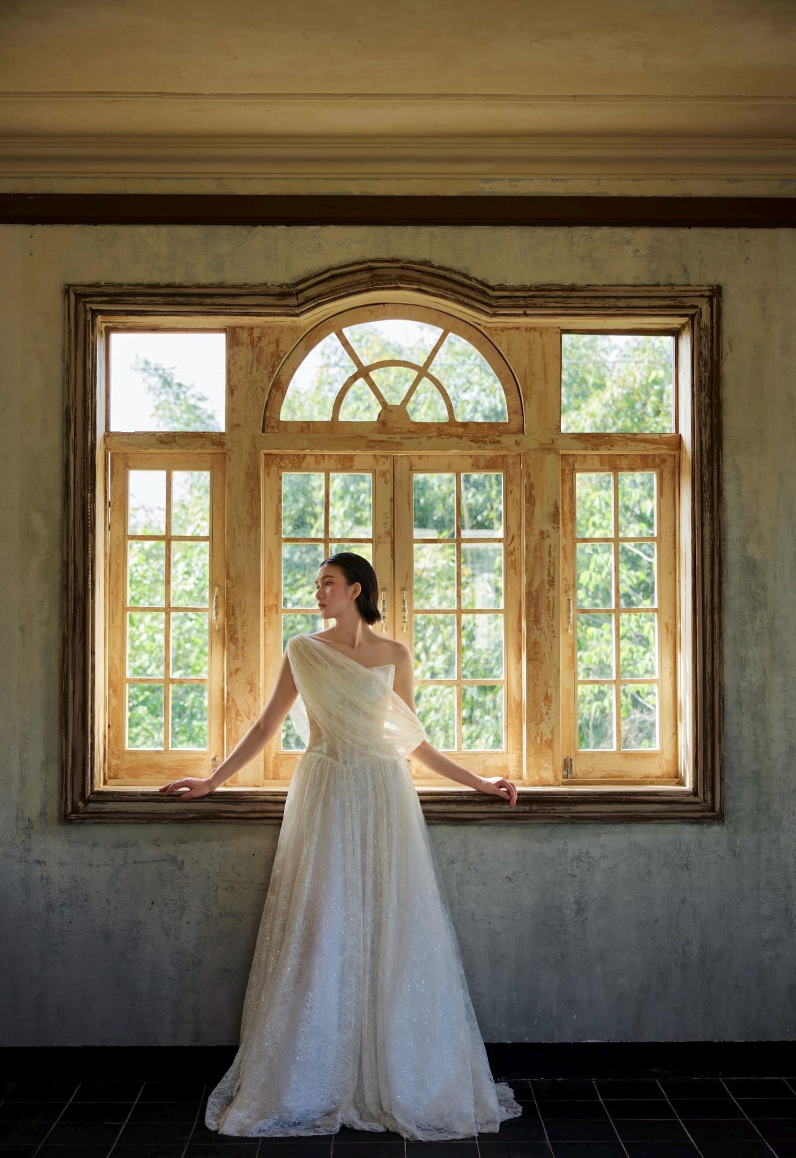 Asymmetrical Draped Sparkle Tulle A-Line Wedding Gown