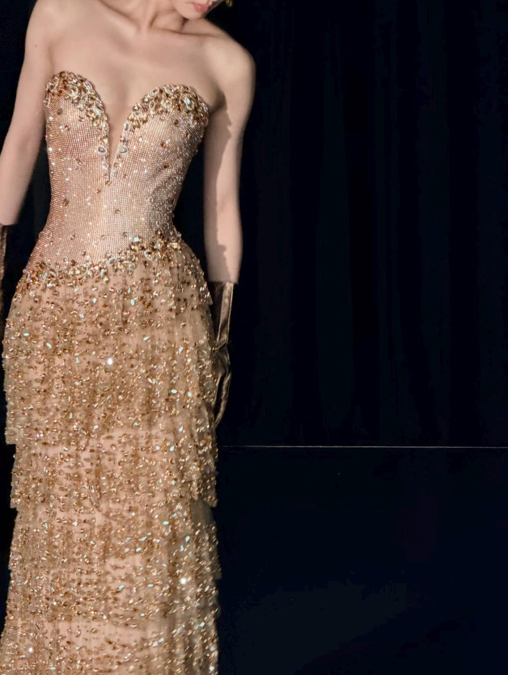 Strapless Deep V Gold Rhinestone Tiered Tulle Evening Gown, Sheer Nude Mesh Crystal Mermaid Formal Dress for Gala Wedding Reception
