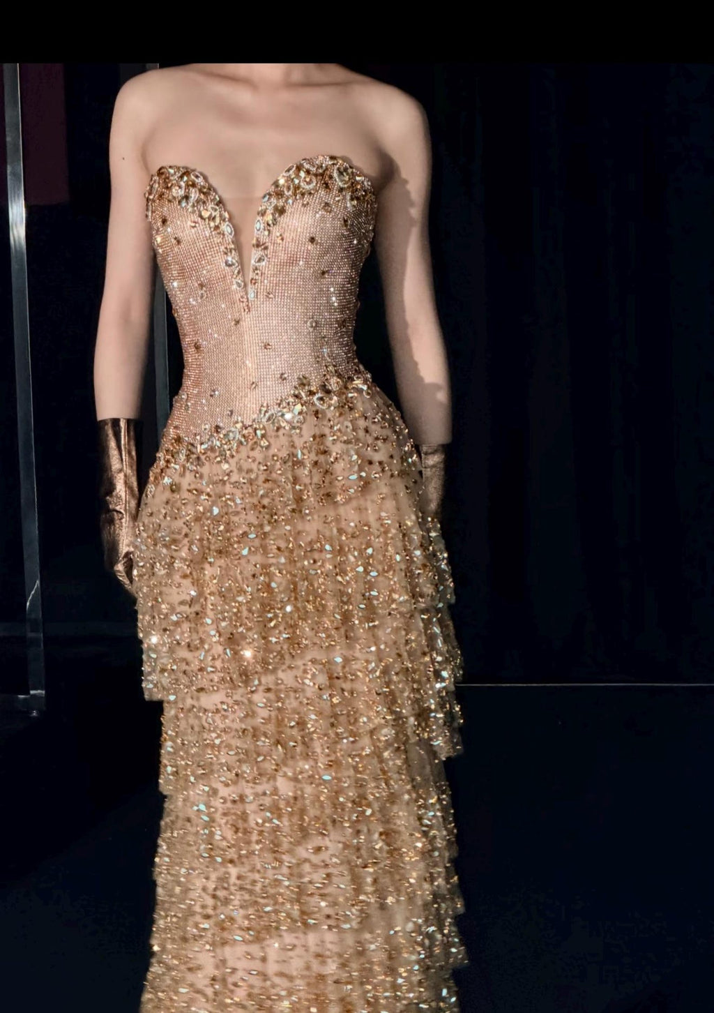 Strapless Deep V Gold Rhinestone Tiered Tulle Evening Gown, Sheer Nude Mesh Crystal Mermaid Formal Dress for Gala Wedding Reception