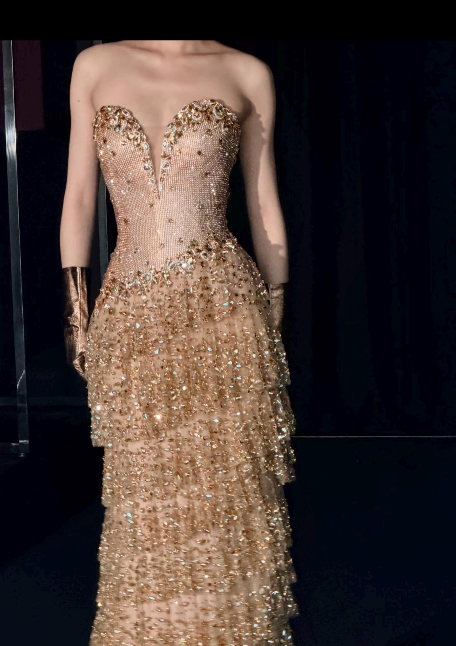 Strapless Deep V Gold Rhinestone Tiered Tulle Evening Gown, Sheer Nude Mesh Crystal Mermaid Formal Dress for Gala Wedding Reception