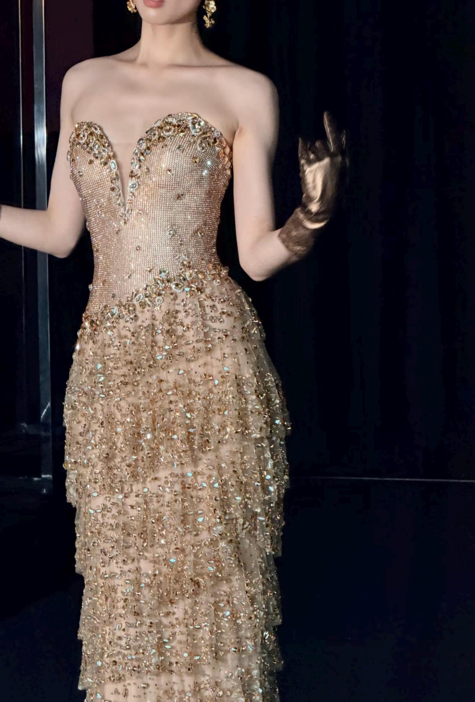 Strapless Deep V Gold Rhinestone Tiered Tulle Evening Gown, Sheer Nude Mesh Crystal Mermaid Formal Dress for Gala Wedding Reception