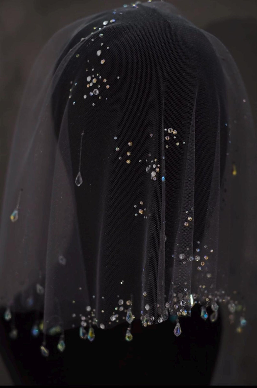 Iridescent Crystal Birdcage Veil, Dotted Rhinestone Net Face Veil, Teardrop Crystal Fringe Short Bridal Blusher