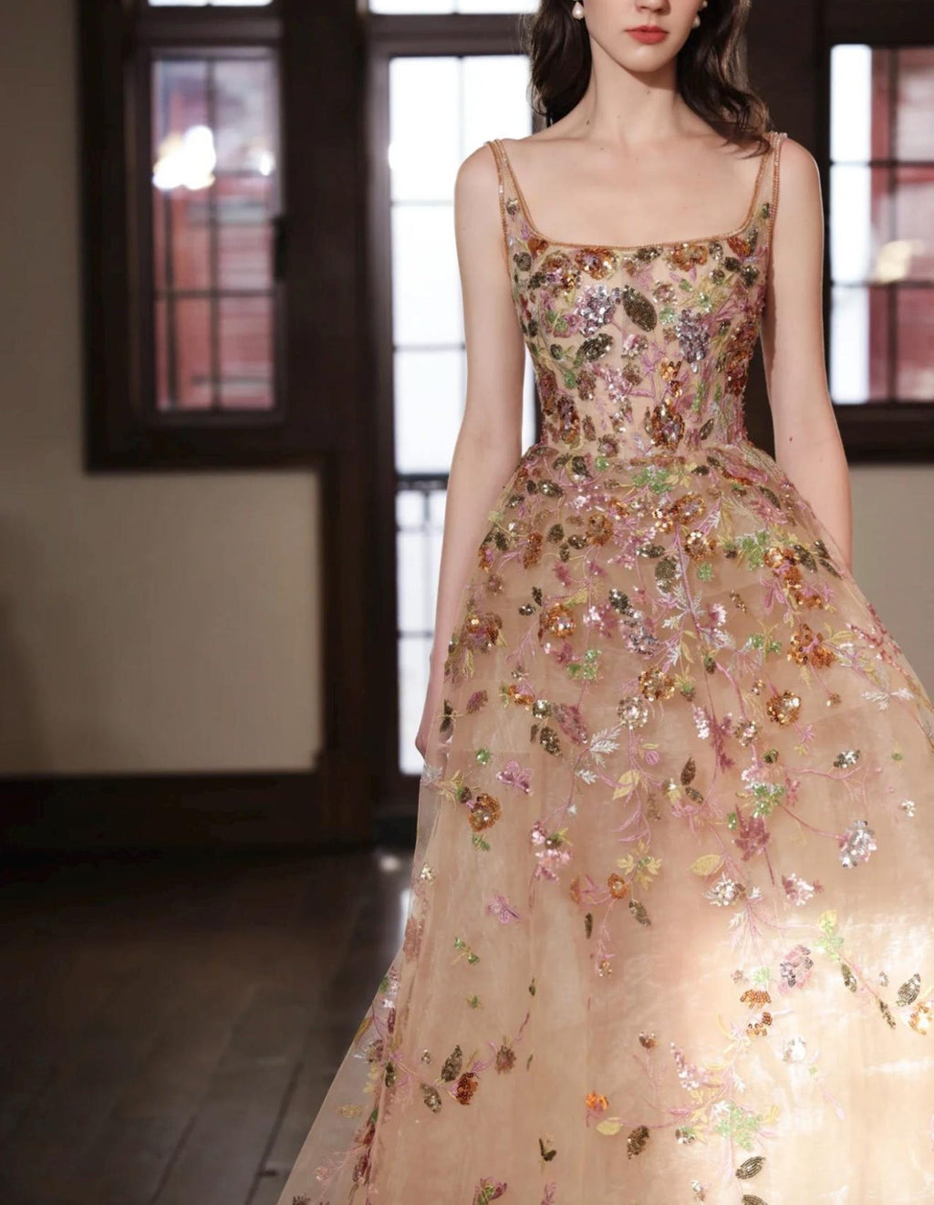 Monet Garden Floral Beaded Tulle Maxi Dress Nude Champagne Sparkly Embroidery Prom Dress Bespoke Bridal Reception Gown