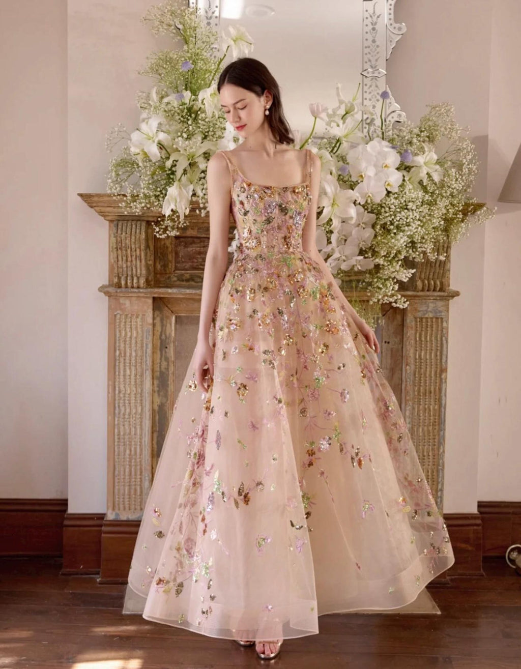 Monet Garden Floral Beaded Tulle Maxi Dress Nude Champagne Sparkly Embroidery Prom Dress Bespoke Bridal Reception Gown