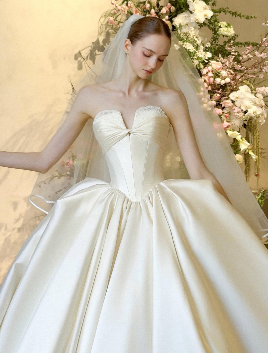 Strapless Sweetheart Ivory Satin Ball Gown Wedding Dress, Structured Boned Corset Bridal Gown With Voluminous Puffy Skirt