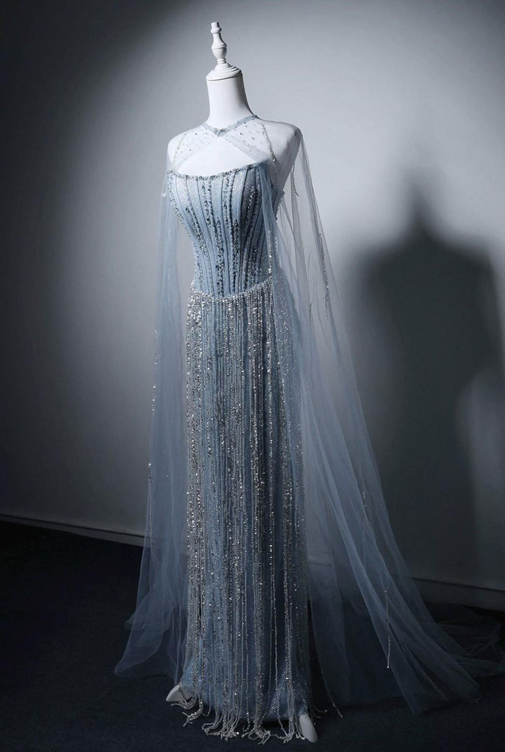 Dusty Blue Rhinestone Fringe Evening Gown Strapless Boned Corset Mermaid Formal Dress with Sheer Cape for Wedding Reception Gala Pageant
