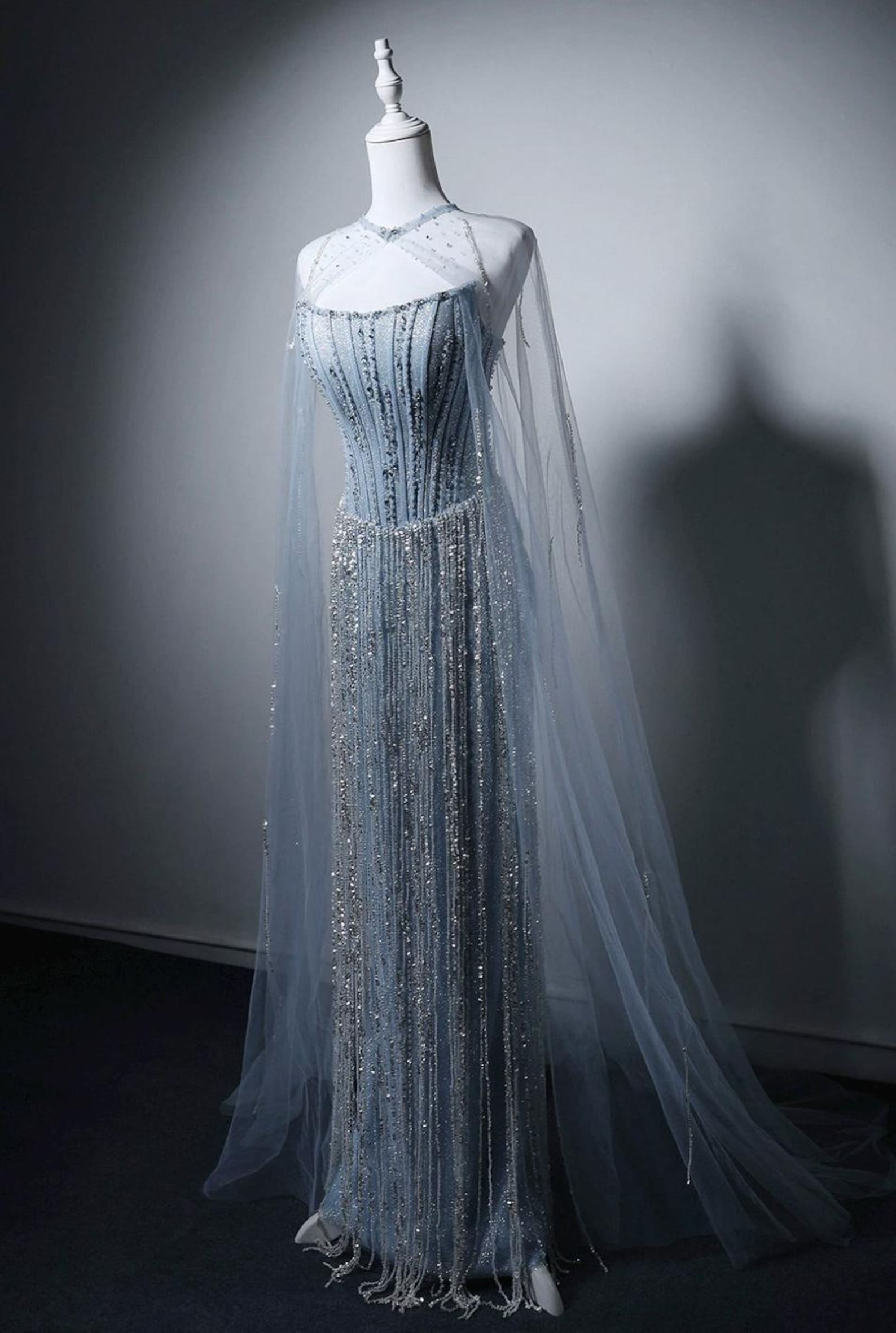 Dusty Blue Rhinestone Fringe Evening Gown Strapless Boned Corset Mermaid Formal Dress with Sheer Cape for Wedding Reception Gala Pageant