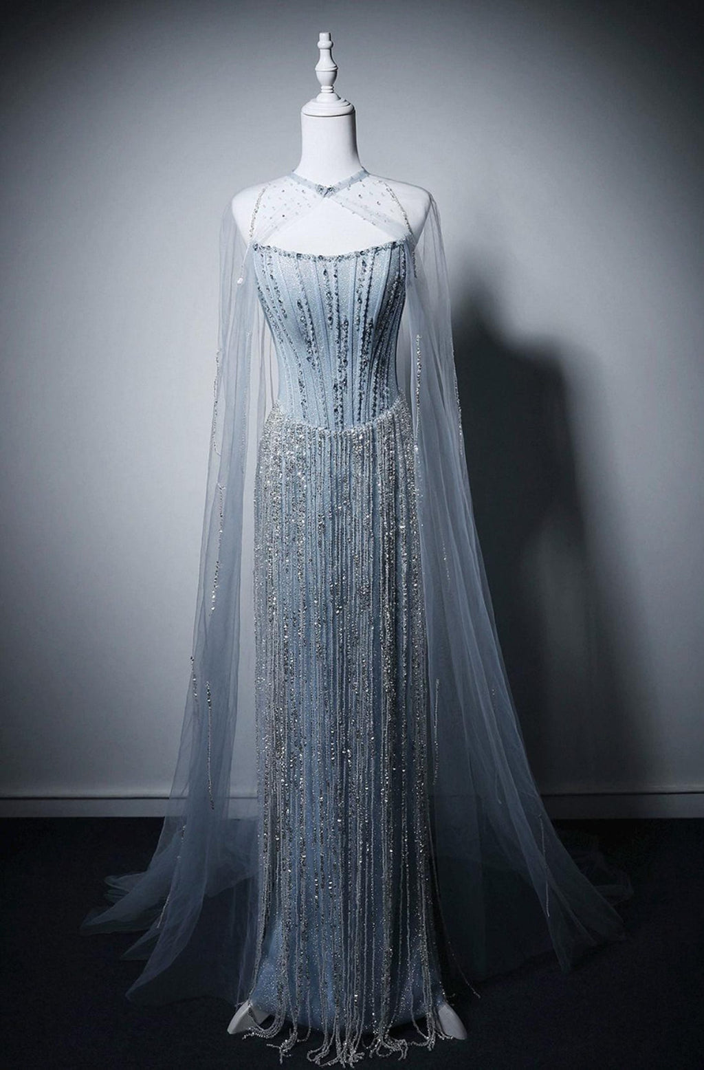 Dusty Blue Rhinestone Fringe Evening Gown Strapless Boned Corset Mermaid Formal Dress with Sheer Cape for Wedding Reception Gala Pageant