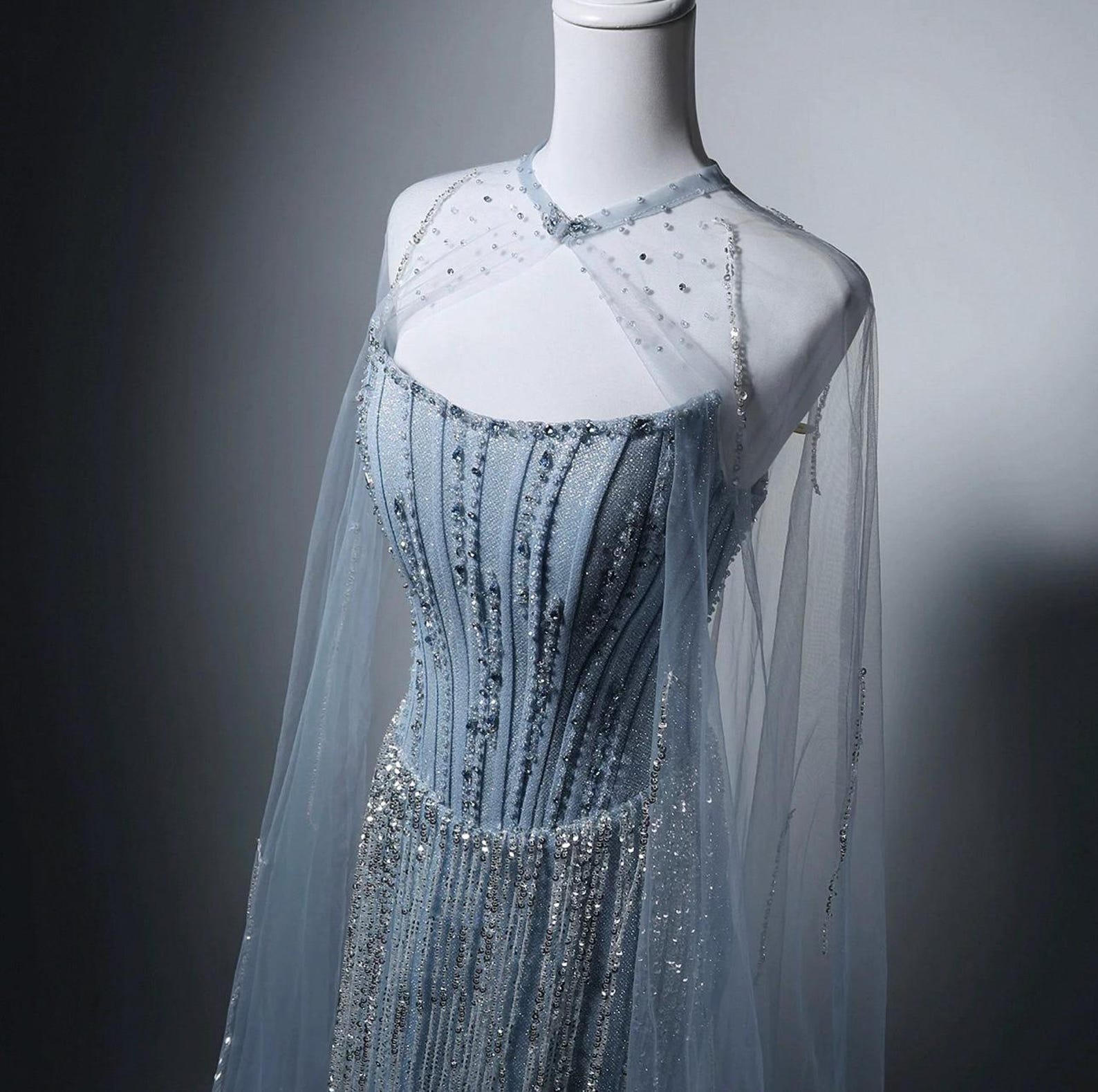 Dusty Blue Rhinestone Fringe Evening Gown Strapless Boned Corset Mermaid Formal Dress with Sheer Cape for Wedding Reception Gala Pageant