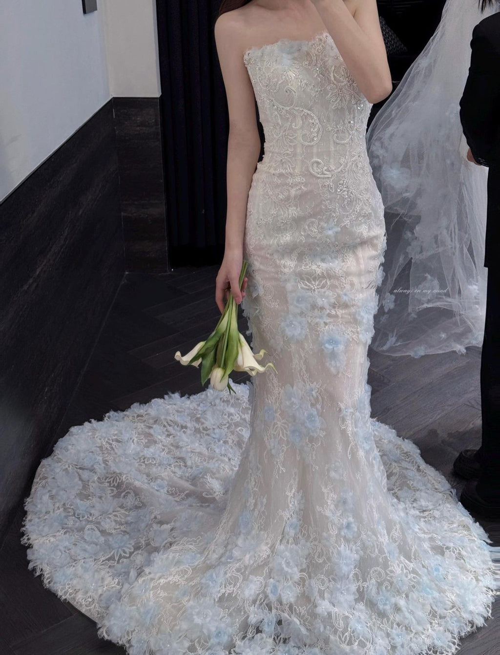 Strapless Mermaid Wedding Dress, 3D Light Blue Floral Lace Bridal Gown, Custom Fit Long Train Wedding Gown