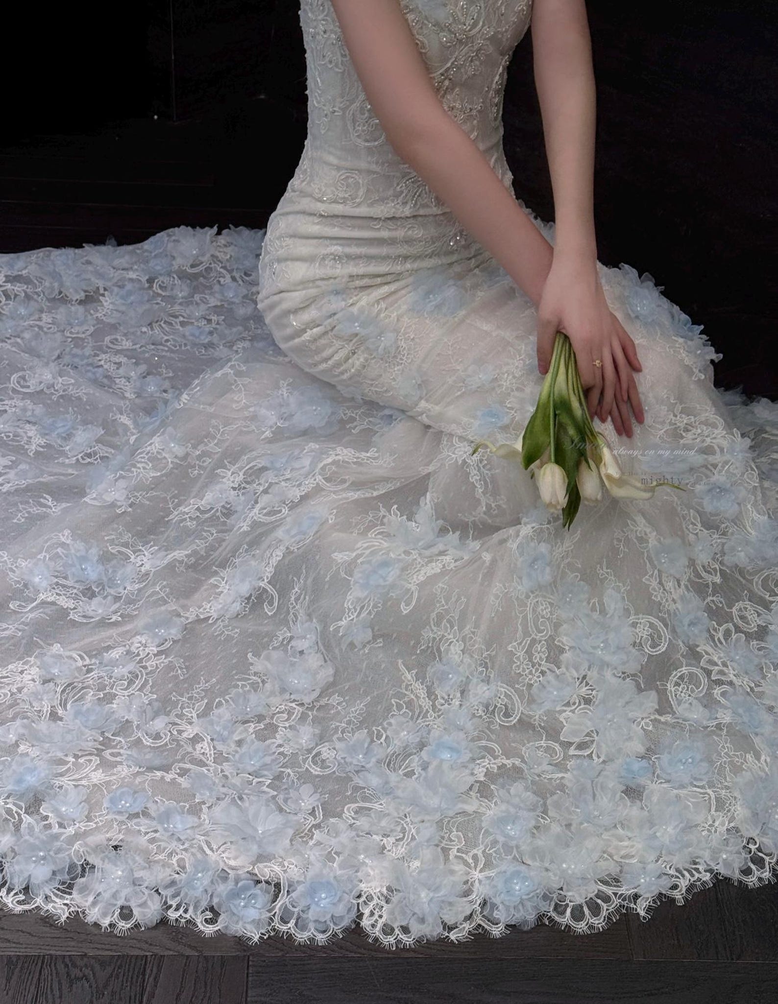 Strapless Mermaid Wedding Dress, 3D Light Blue Floral Lace Bridal Gown, Custom Fit Long Train Wedding Gown
