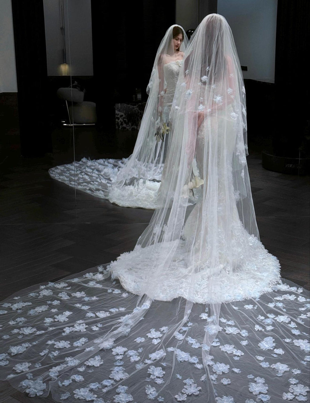 Strapless Mermaid Wedding Dress, 3D Light Blue Floral Lace Bridal Gown, Custom Fit Long Train Wedding Gown
