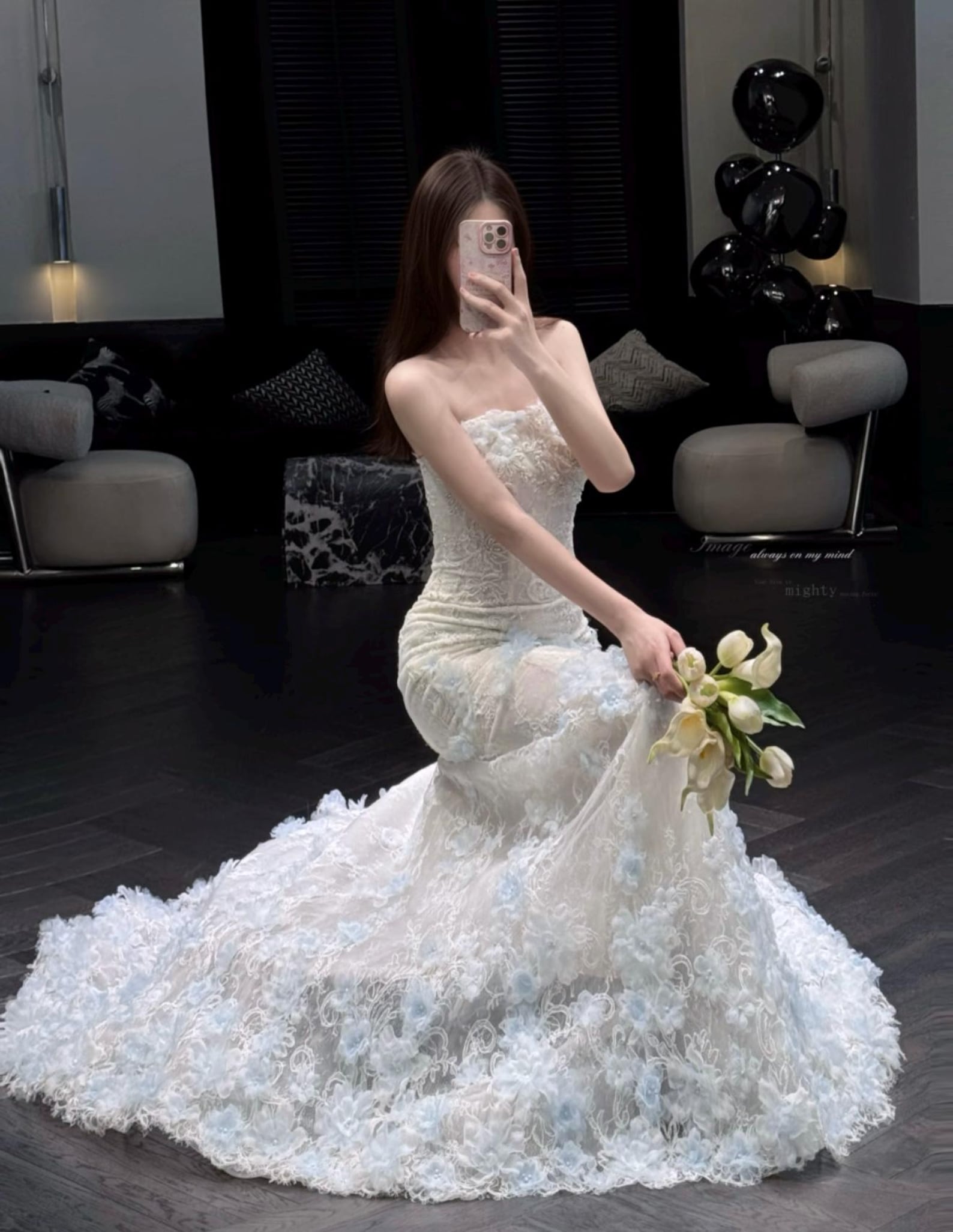Strapless Mermaid Wedding Dress, 3D Light Blue Floral Lace Bridal Gown, Custom Fit Long Train Wedding Gown