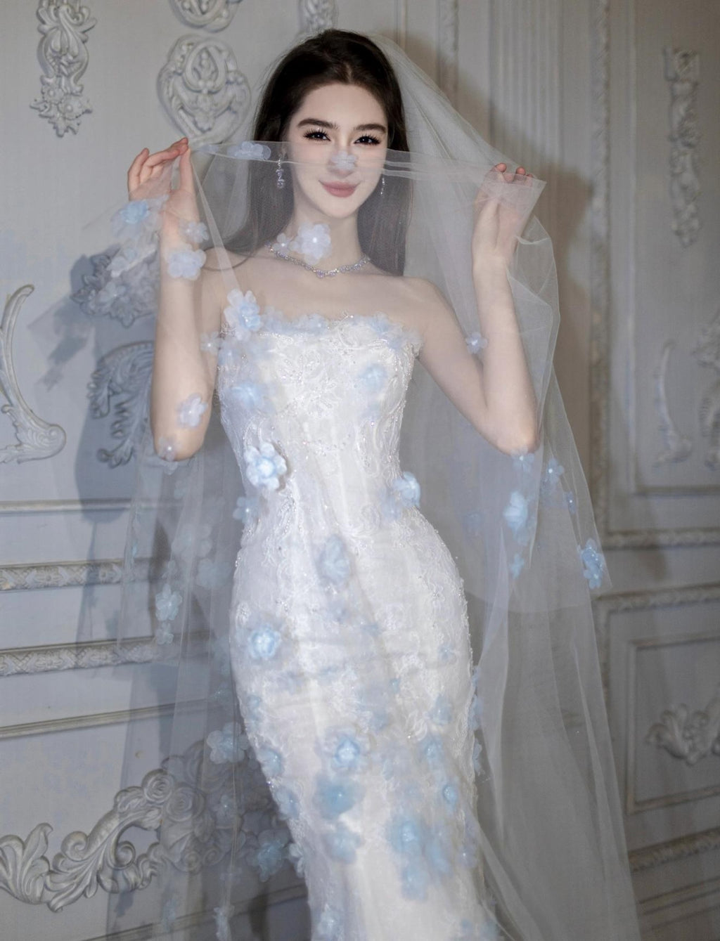 Strapless Mermaid Wedding Dress, 3D Light Blue Floral Lace Bridal Gown, Custom Fit Long Train Wedding Gown