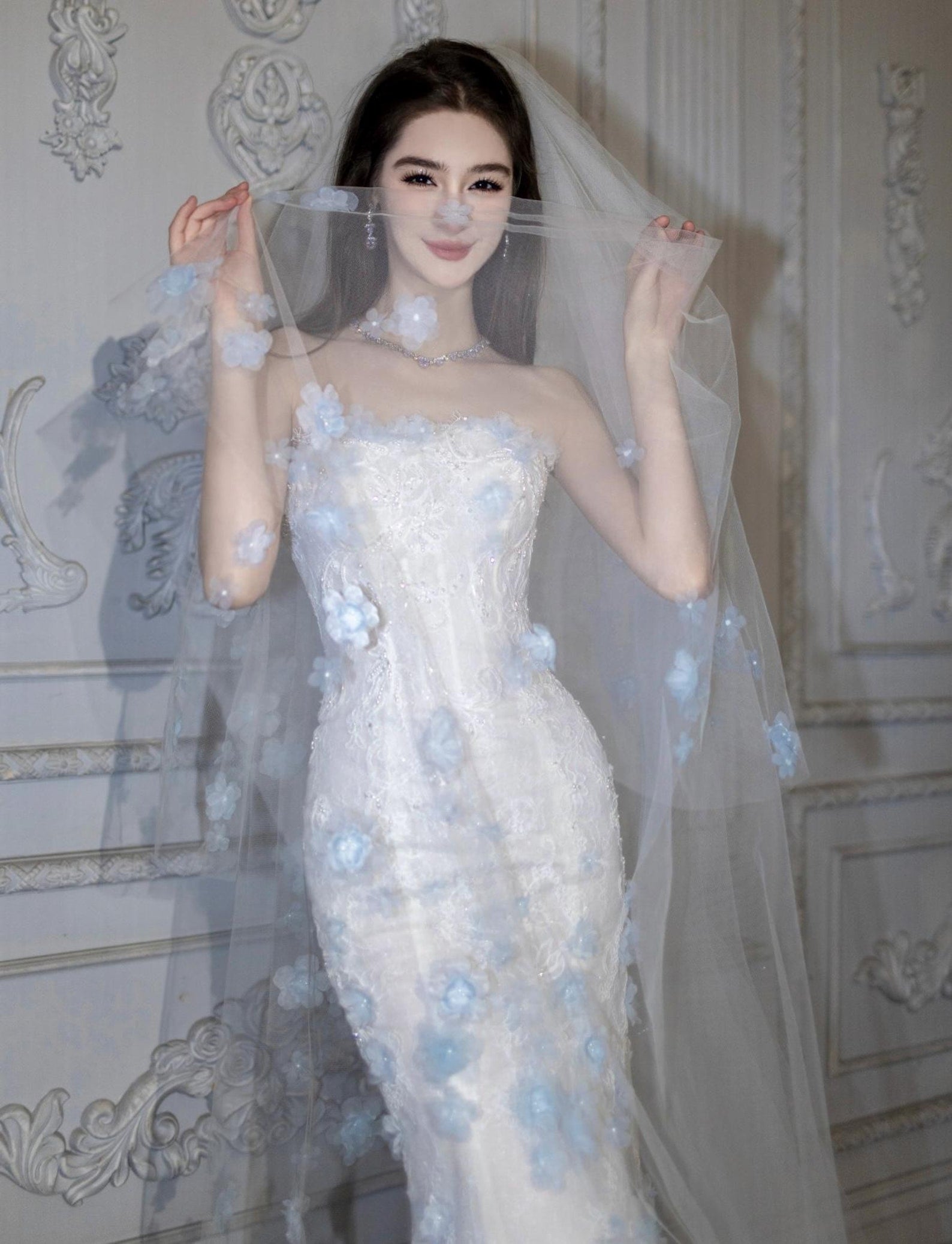 Strapless Mermaid Wedding Dress, 3D Light Blue Floral Lace Bridal Gown, Custom Fit Long Train Wedding Gown