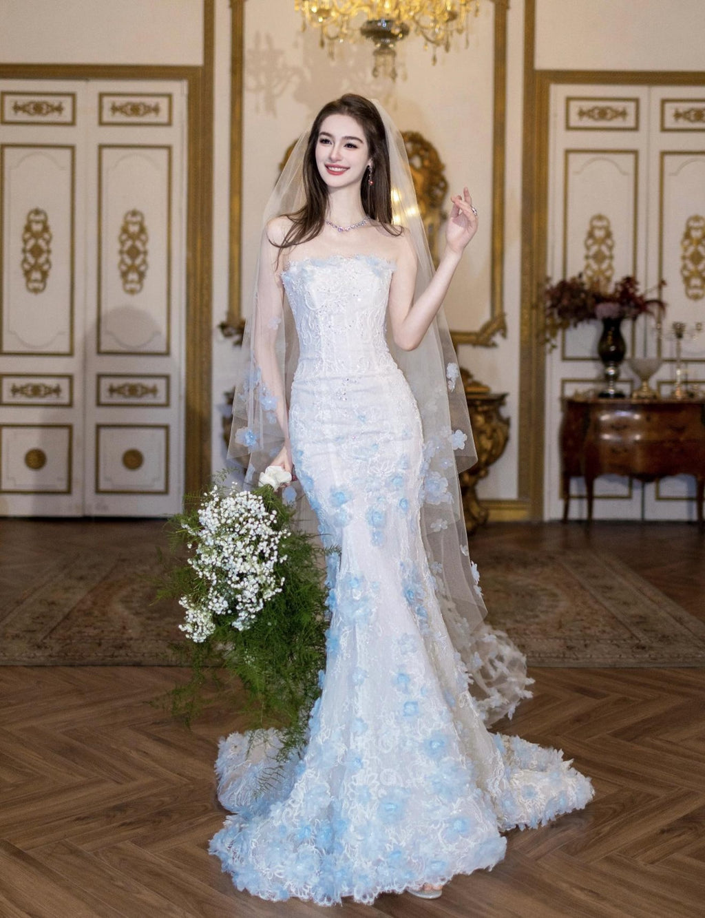 Strapless Mermaid Wedding Dress, 3D Light Blue Floral Lace Bridal Gown, Custom Fit Long Train Wedding Gown