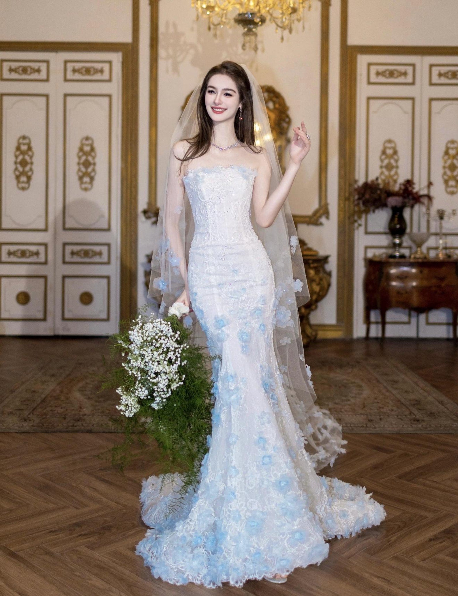 Strapless Mermaid Wedding Dress, 3D Light Blue Floral Lace Bridal Gown, Custom Fit Long Train Wedding Gown