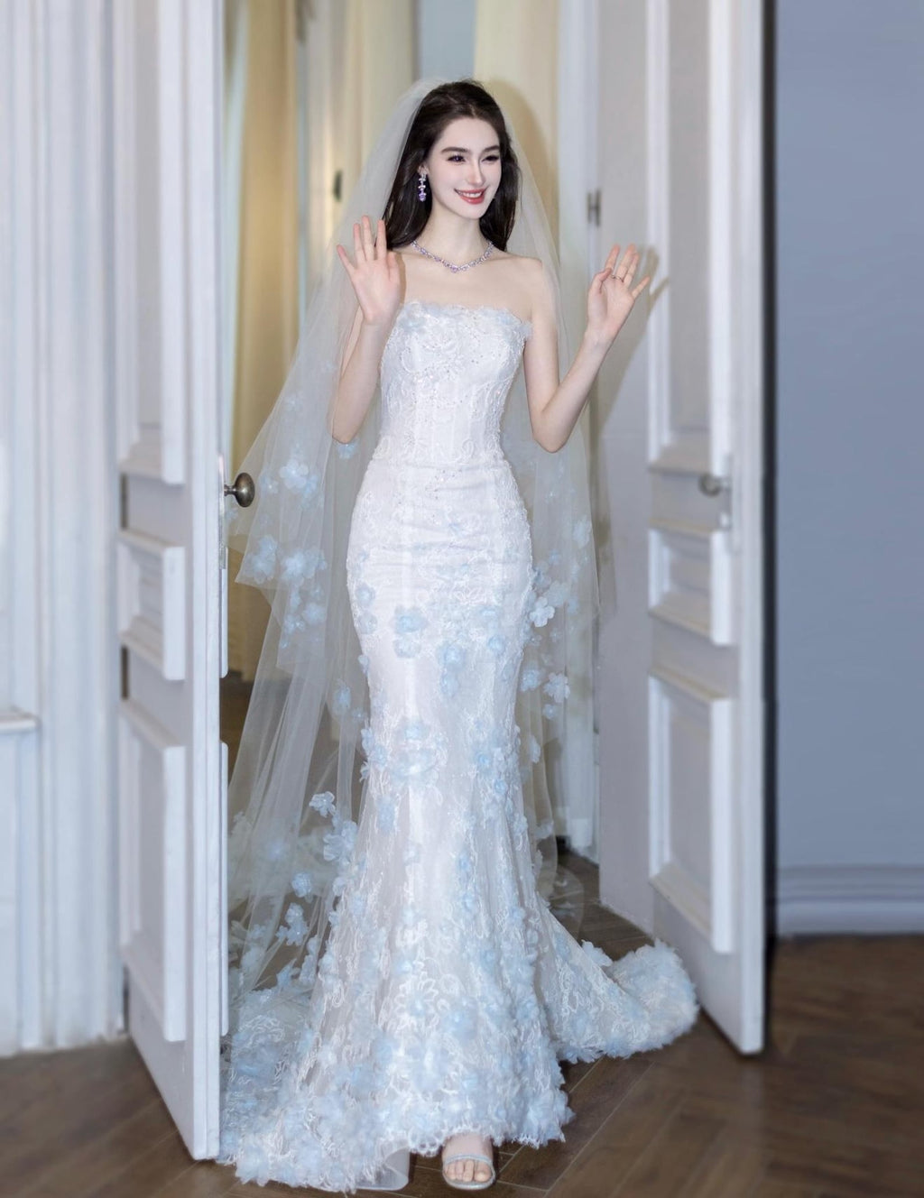 Strapless Mermaid Wedding Dress, 3D Light Blue Floral Lace Bridal Gown, Custom Fit Long Train Wedding Gown