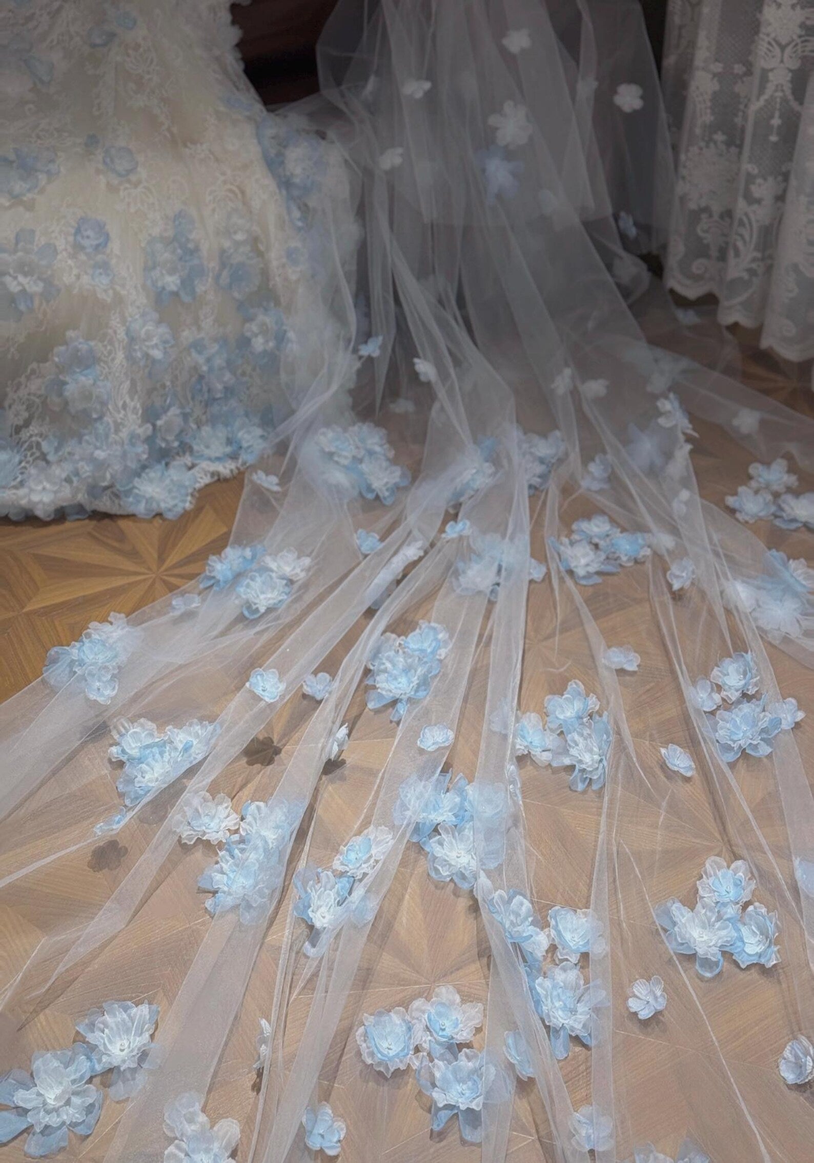 Strapless Mermaid Wedding Dress, 3D Light Blue Floral Lace Bridal Gown, Custom Fit Long Train Wedding Gown
