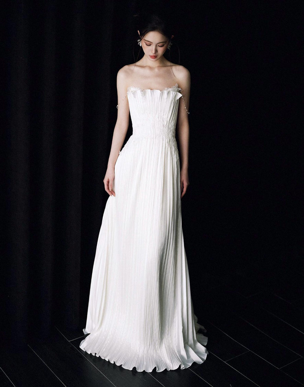 French Pleated Satin Bridal Gown, Lace Waist Strapless Wedding Dress With Pearl Chain Straps