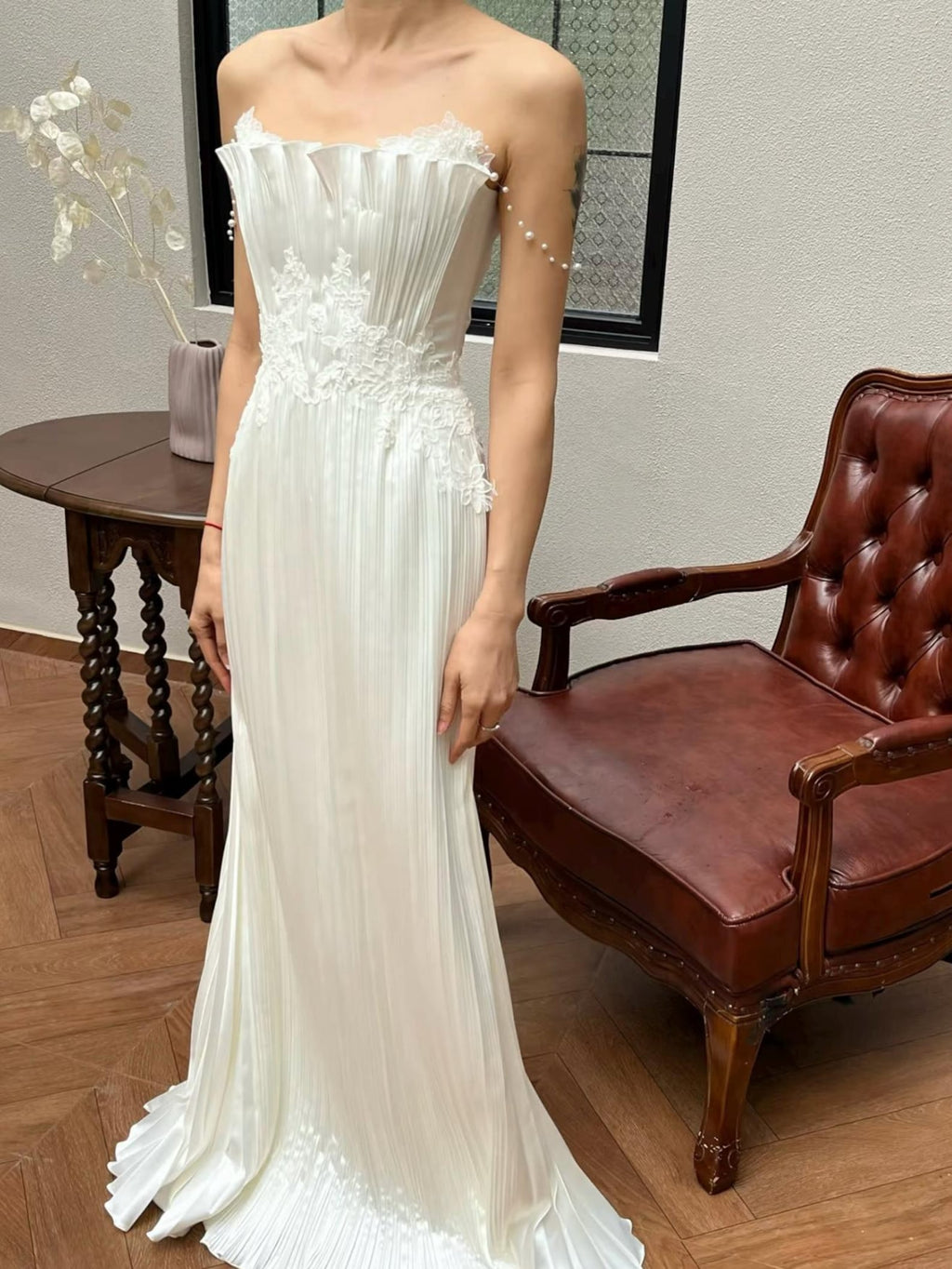 French Pleated Satin Bridal Gown, Lace Waist Strapless Wedding Dress With Pearl Chain Straps