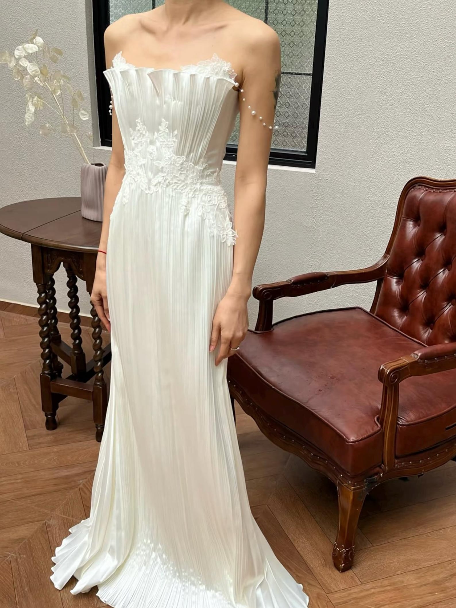 French Pleated Satin Bridal Gown, Lace Waist Strapless Wedding Dress With Pearl Chain Straps