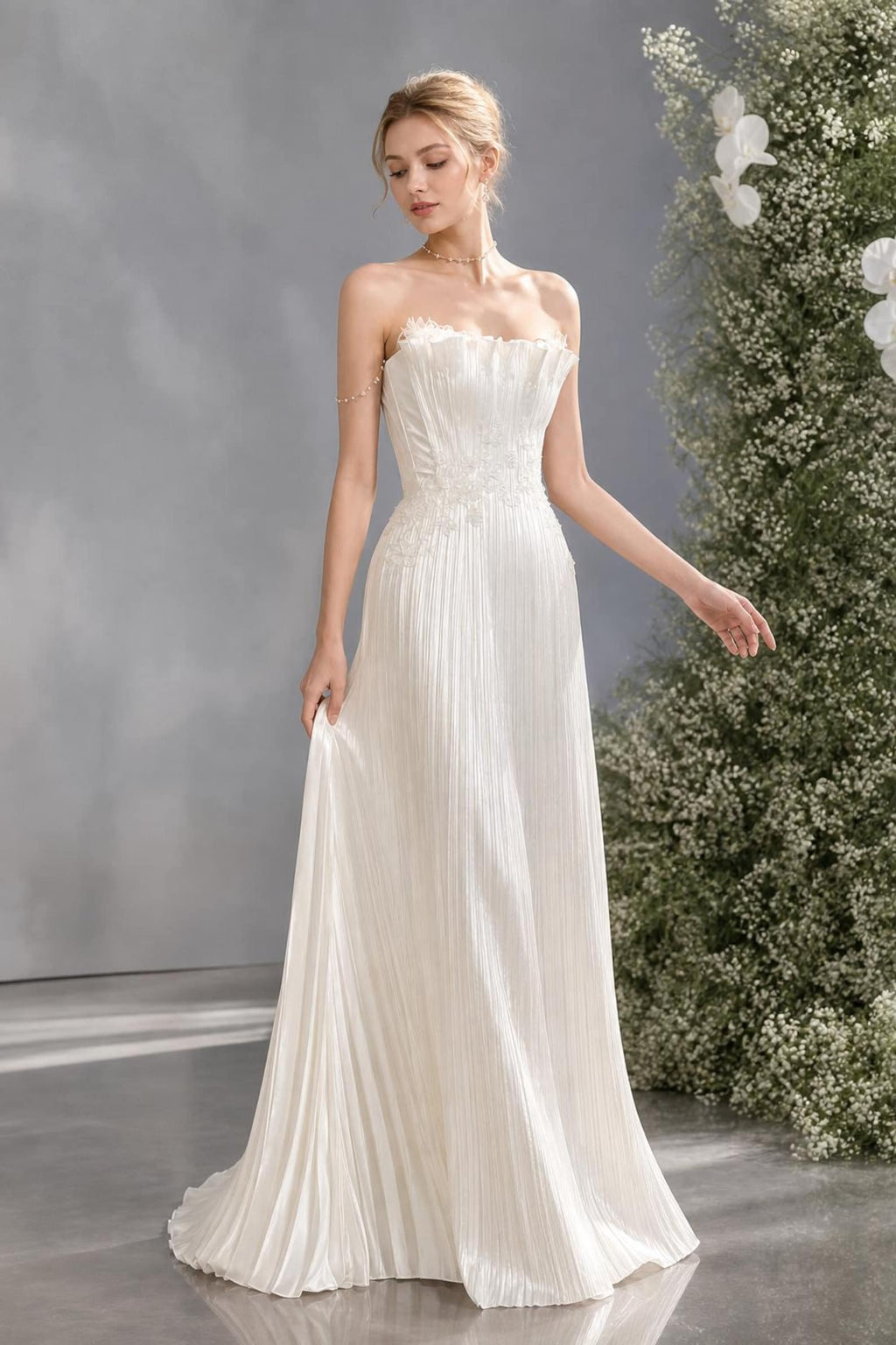 French Pleated Satin Bridal Gown, Lace Waist Strapless Wedding Dress With Pearl Chain Straps