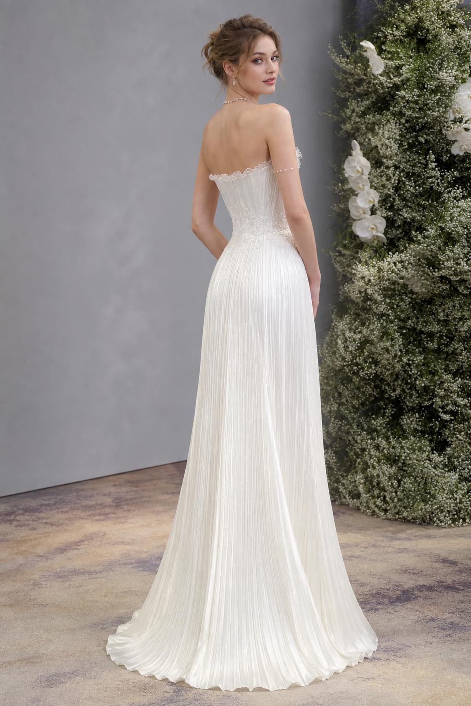 French Pleated Satin Bridal Gown, Lace Waist Strapless Wedding Dress With Pearl Chain Straps
