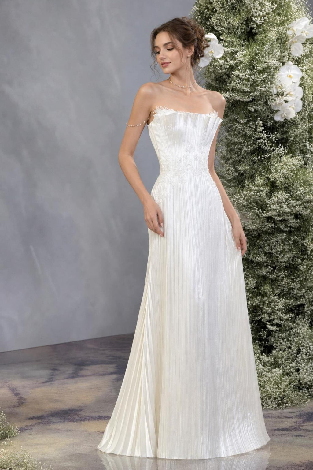 French Pleated Satin Bridal Gown, Lace Waist Strapless Wedding Dress With Pearl Chain Straps