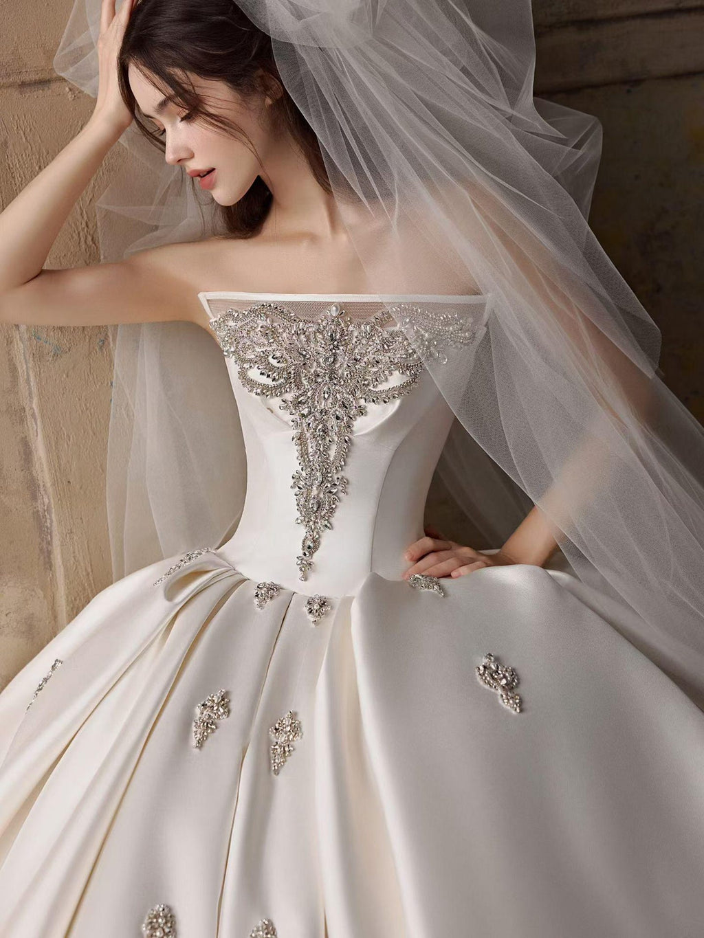 Strapless Satin Ballgown Wedding Gown, Luxury Rhinestone Embellished Ivory Bridal Dress, Long Train Princess Wedding Dress
